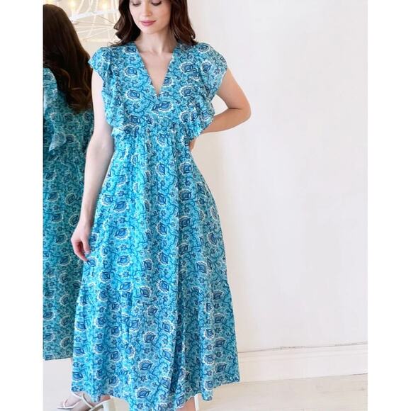 RHODE Tasha Aqua Blue Floral Print Cap Flutter Sleeve Midi Dress Women's Size 10 - Picture 1 of 8